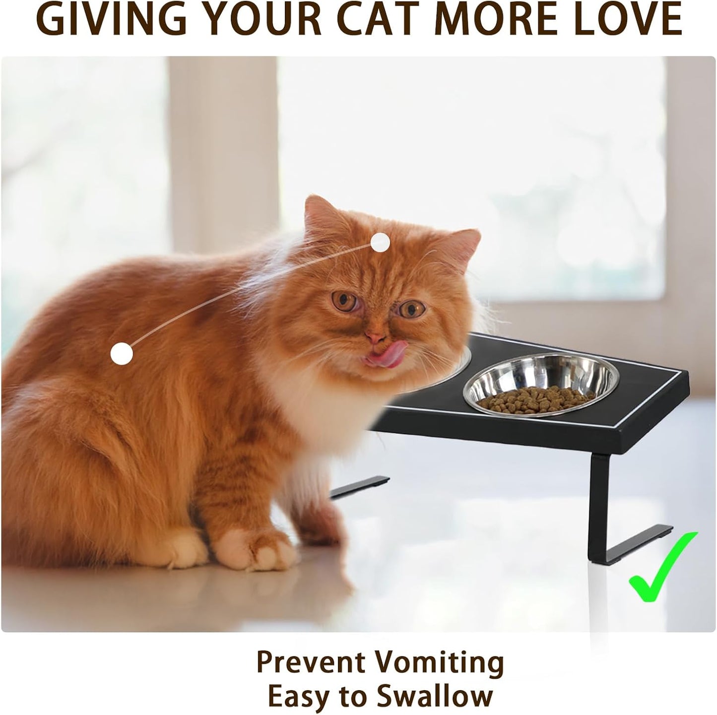 Cat Food Bowls Elevated, Gothic Cat Bowls, Raised Cat Bowls for Indoor Cats with Non-Slip Stand & Wood Board, Stainless Steel and Whisker Friendly Food Bowls